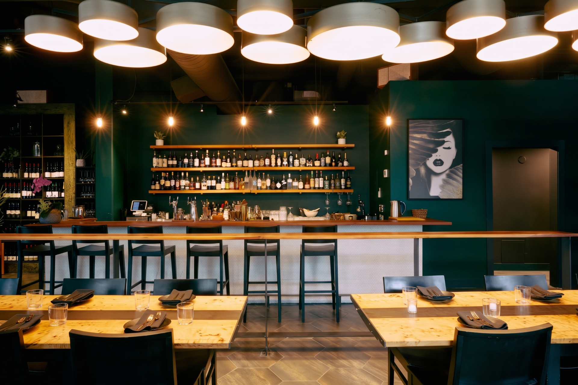 The Kricket Club bar and long communal table