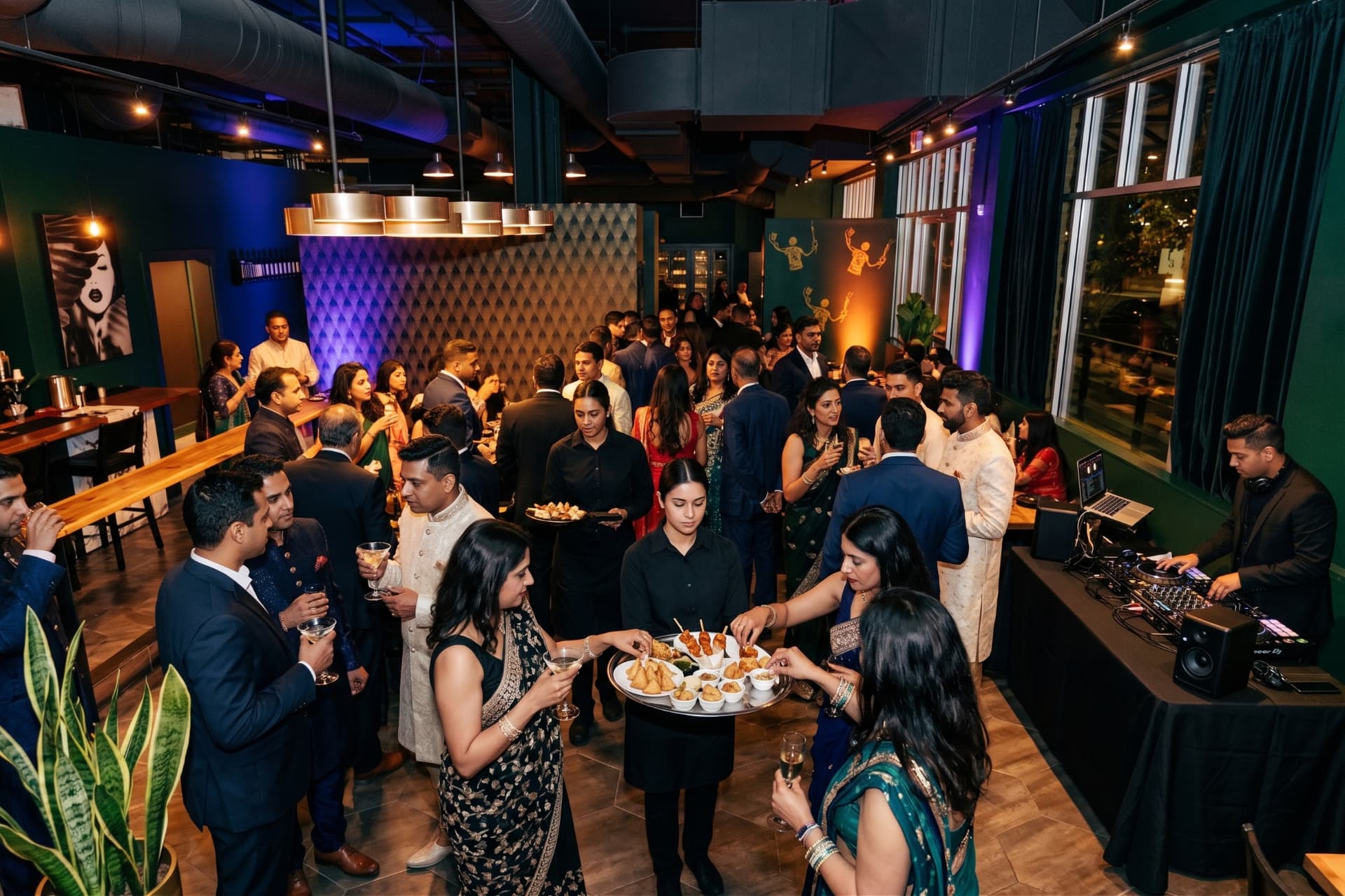 A lively cocktail reception at Kricket Club, guests with drinks and passed bites under the brass pendants