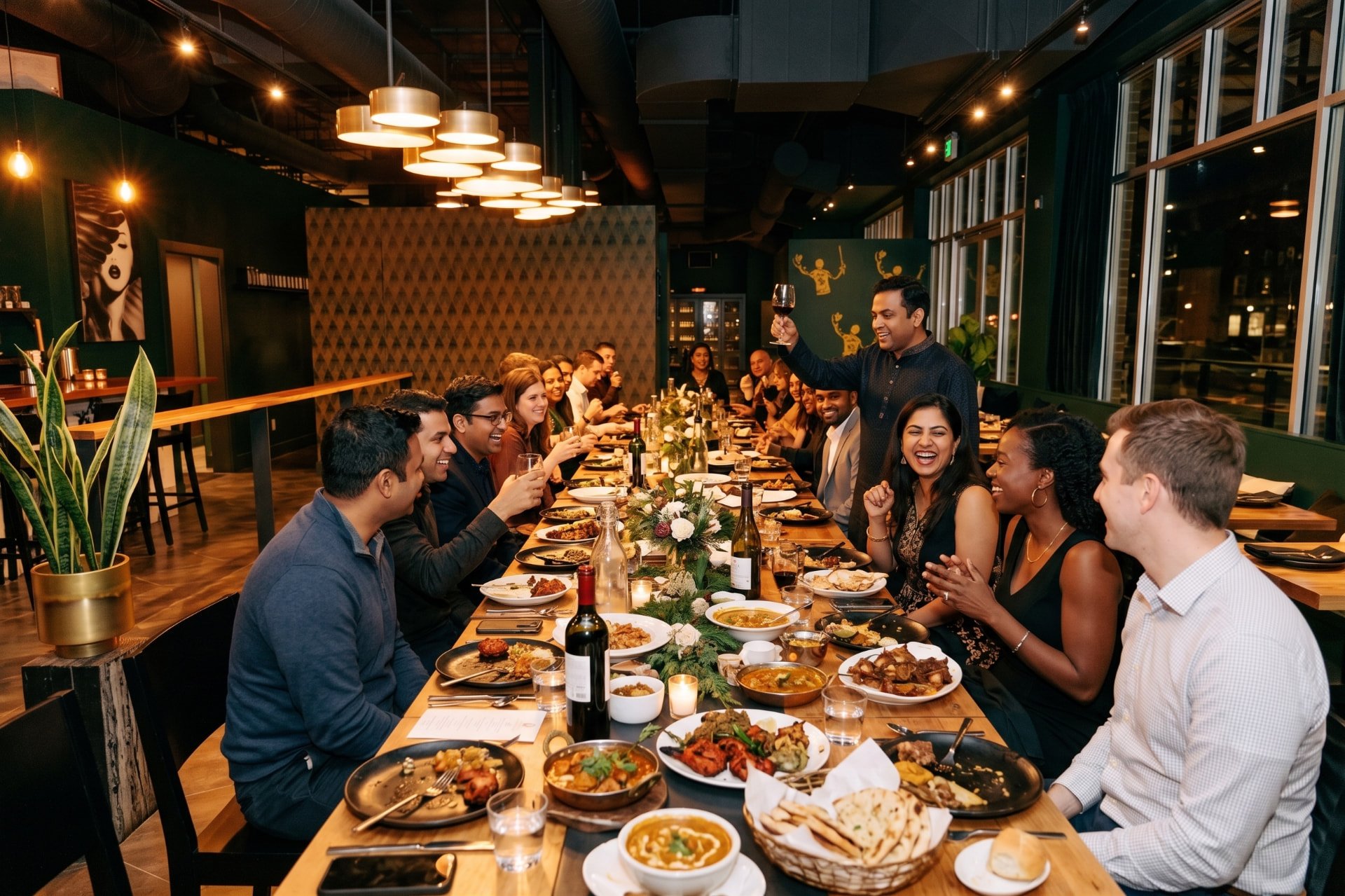 A long candlelit private dinner at Kricket Club, guests raising glasses down the table